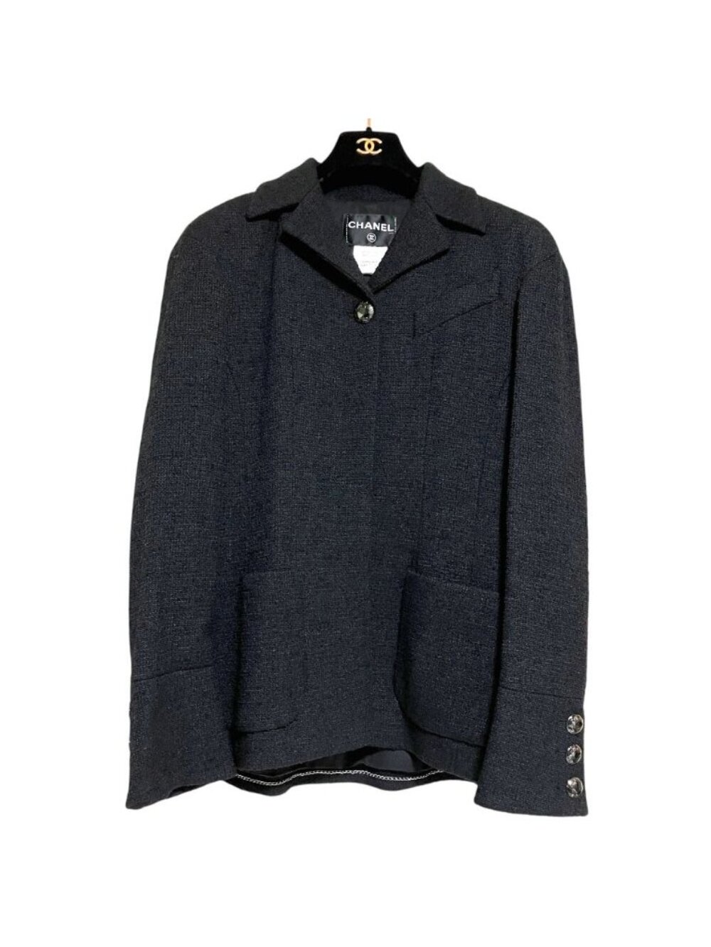 Chanel Single Breasted Tweed Jacket 38 Black Pre Owned